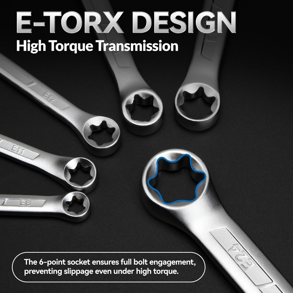DISEN 6-Piece E-Torx Wrench Set, Double Box End E-type 6pcs kit, Silver