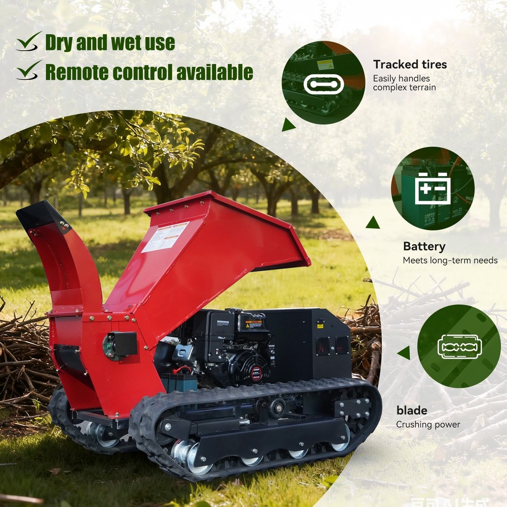 Remote-controlled wood chipper, suitable for complex terrains such as orchards.