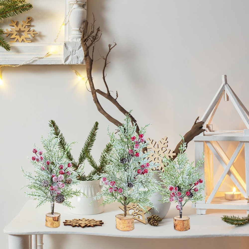 Winlyn 3 Pack Artificial Mini Tabletop Christmas Trees Small Snowy Green