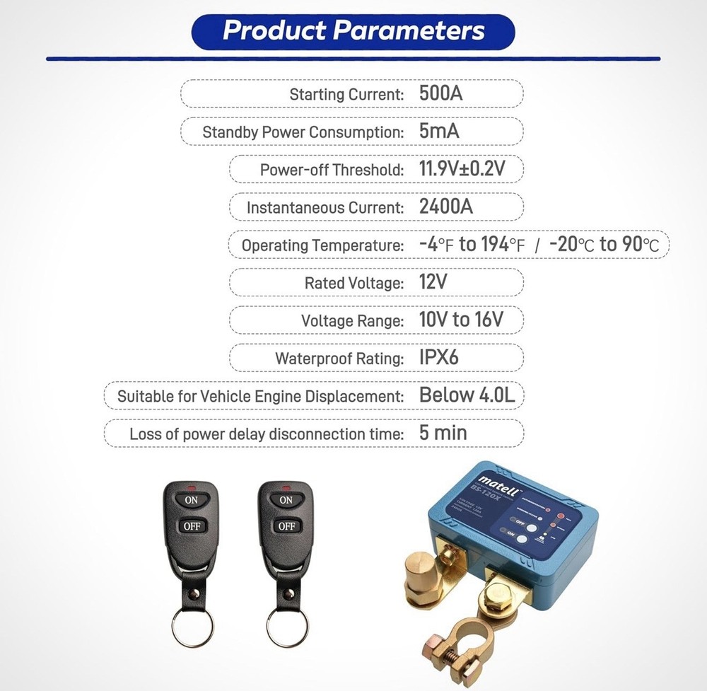 Matell 12V DC Remote Battery Disconnect Cutoff Switch Remote Control Anti Theft