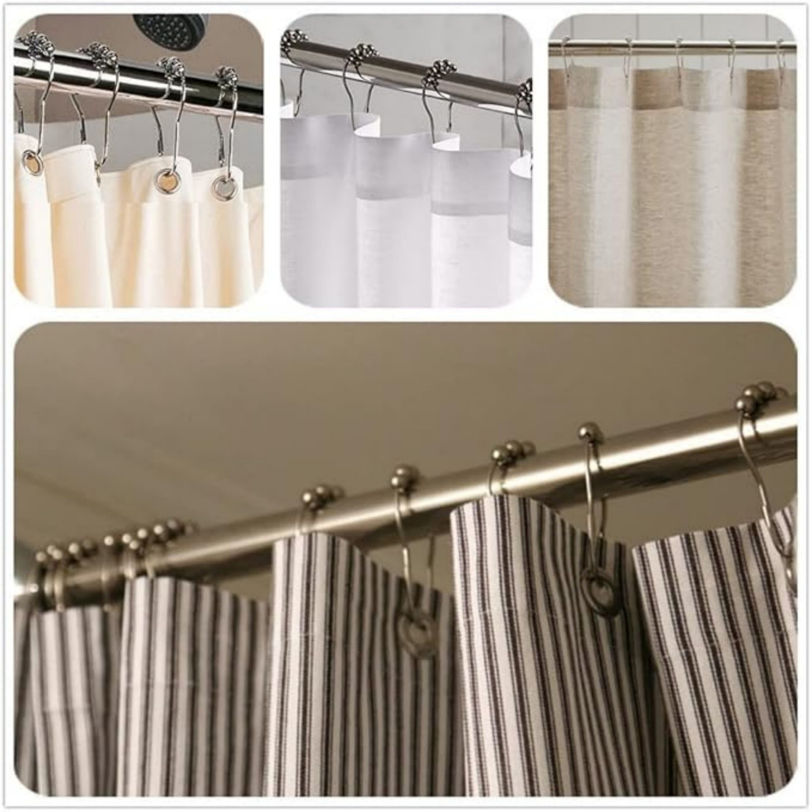 12-Piece Stainless Steel Shower Curtain Hooks with Roller Ball