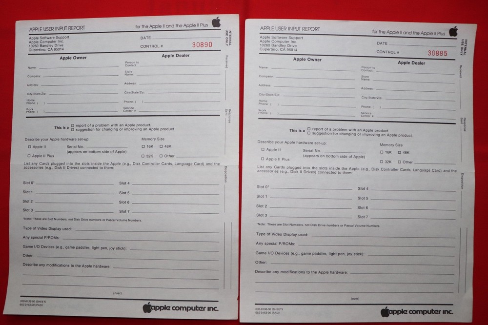 VINTAGE APPLE II COMPUTER WARRANTY, REGISTRATION, USER IMPUT FORMS