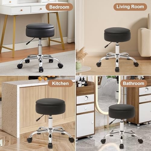 Adjustable Vanity Stool with Storage Rolling Vanity Chair Black With Wheels
