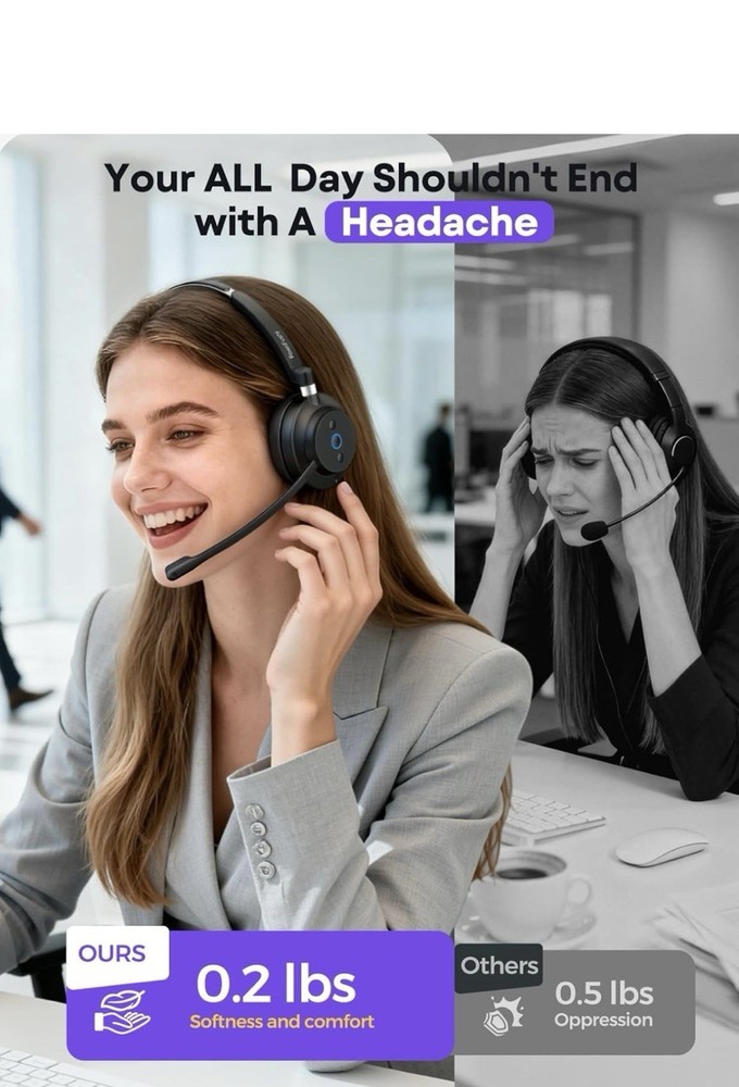 Wireless Headset with Mic for Work, Bluetooth Headphones with Microphone, Comput