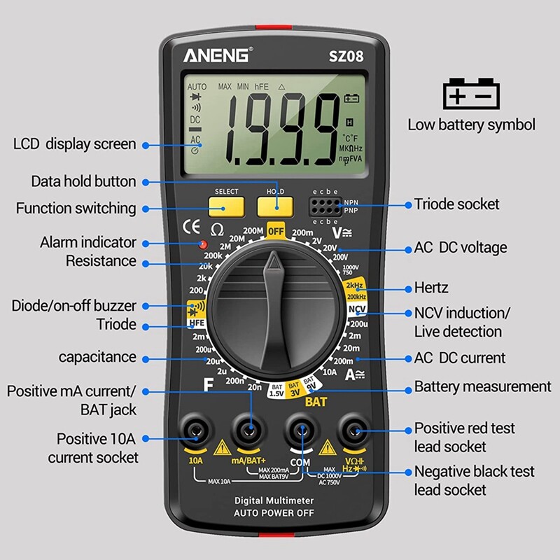SZ08 Digital Multimeter Ultra-Thin Storage Meter Car Voltmeter AC DC 220V3353-