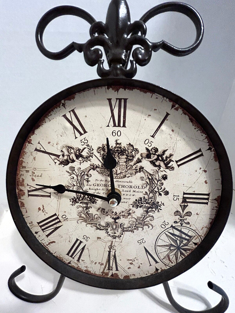 Clock, Round, Wrought Iron Rustic Look, Table Clock 11 1/2" Tall. A battery