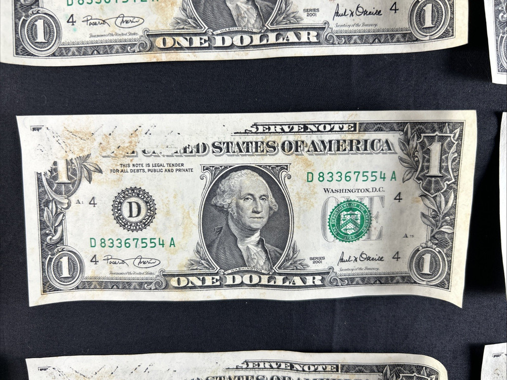 10 US ONE DOLLAR FEDERAL RESERVE NOTES SERIES 2001 INK MISSING PRINTING ERROR