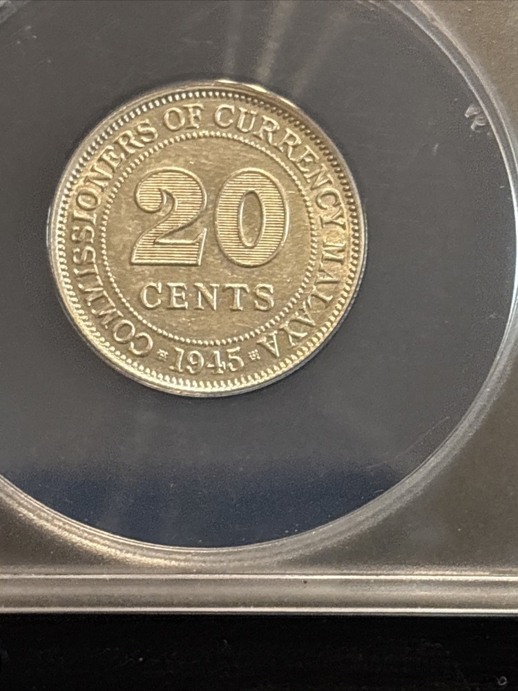 1945 Malaya 20c Anacs Au55 Almost Uncirculated Silver Coin