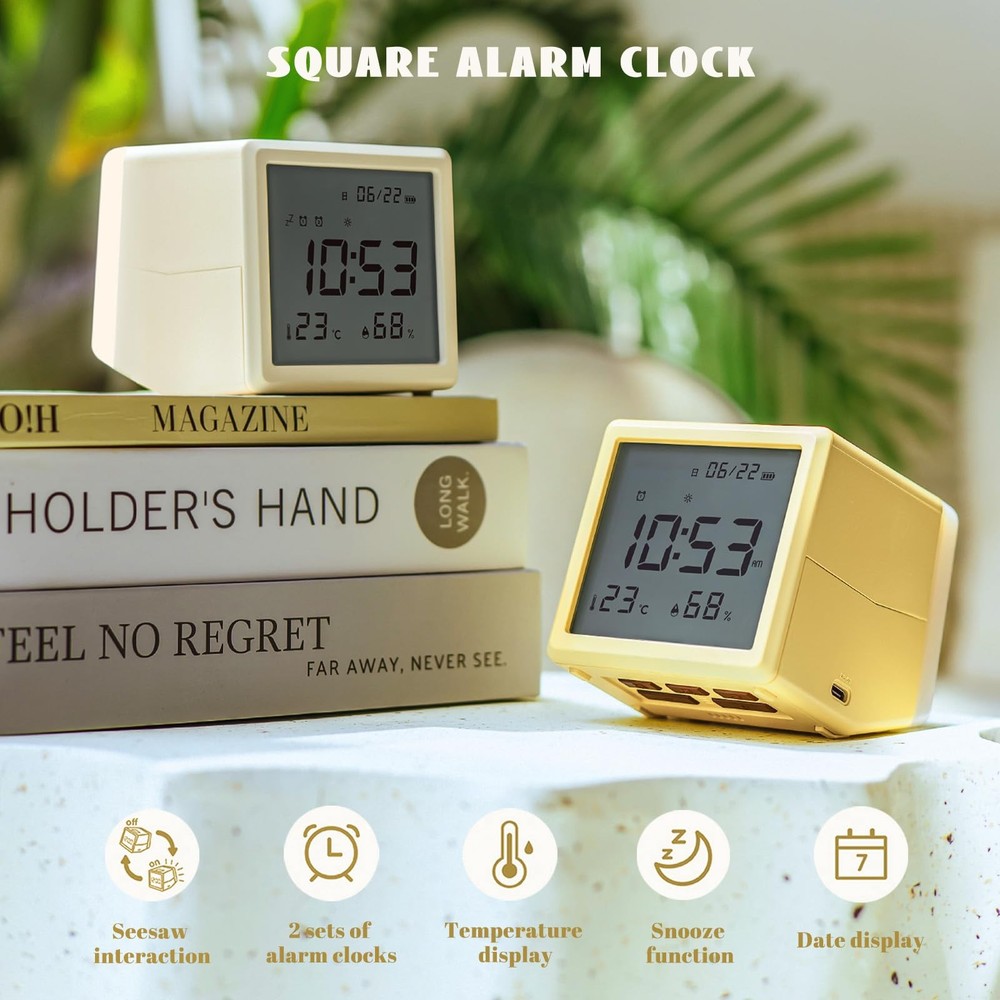 Square Silent Digital Desk Alarm Clock Night Light Date Temperature White
