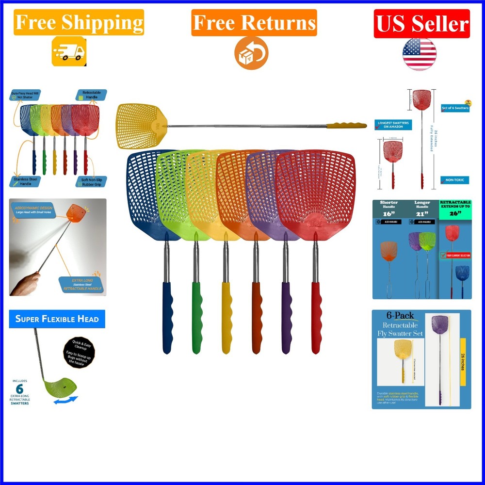 6-Pack Retractable Extendable Fly Swatters - Large Head, Eco-Friendly, Indoor...