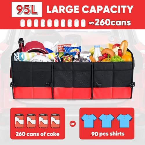 Simniam Large Trunk Organizer for Car, Foldable Multi Compartment Medium Red
