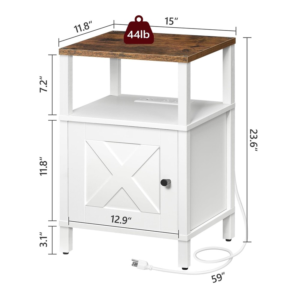 Nightstand Charging Station USB Type C Outlets Storage White Rustic Brown Table