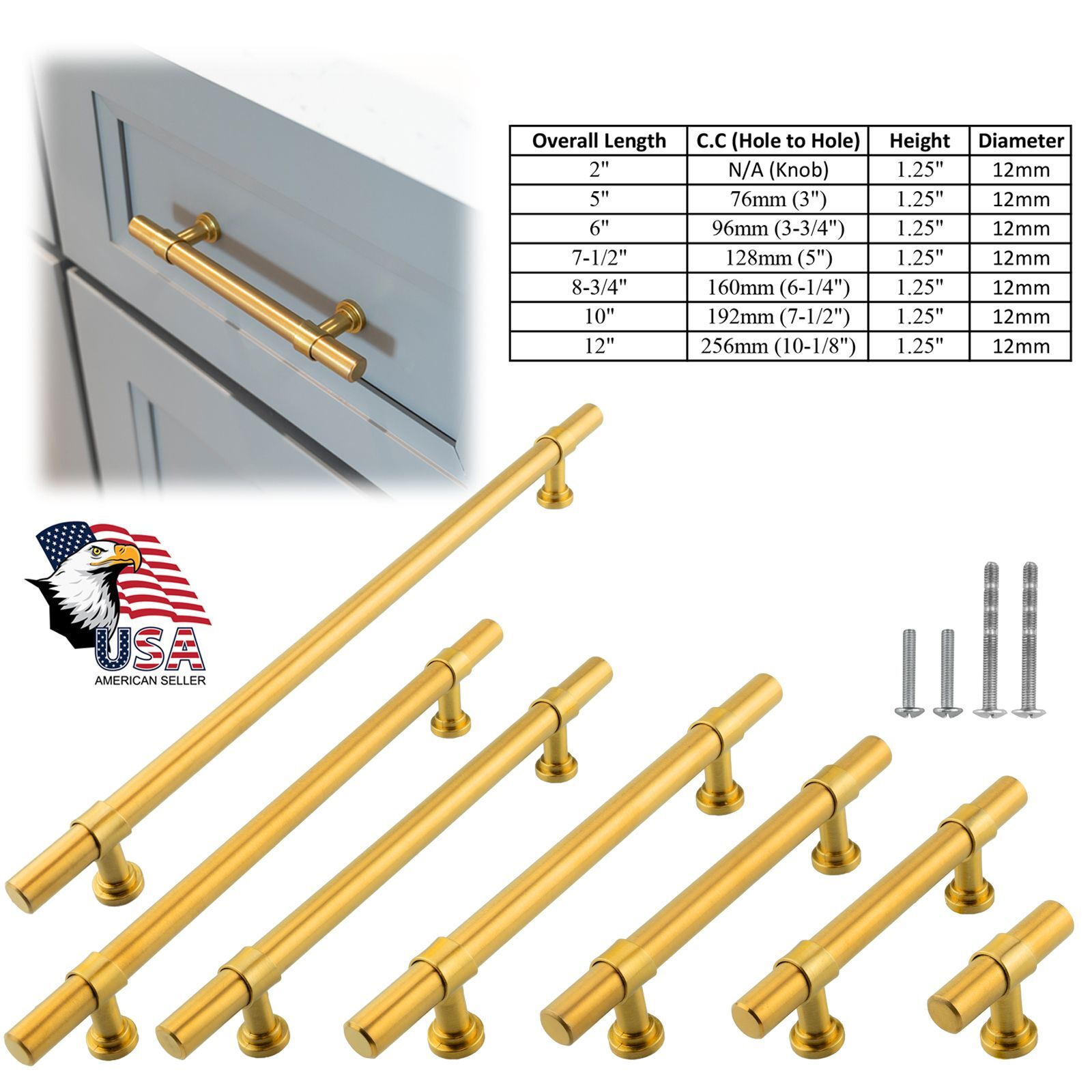 Brushed Gold Modern Kitchen Cabinet Handles Drawer Pulls Knobs Stainless Steel