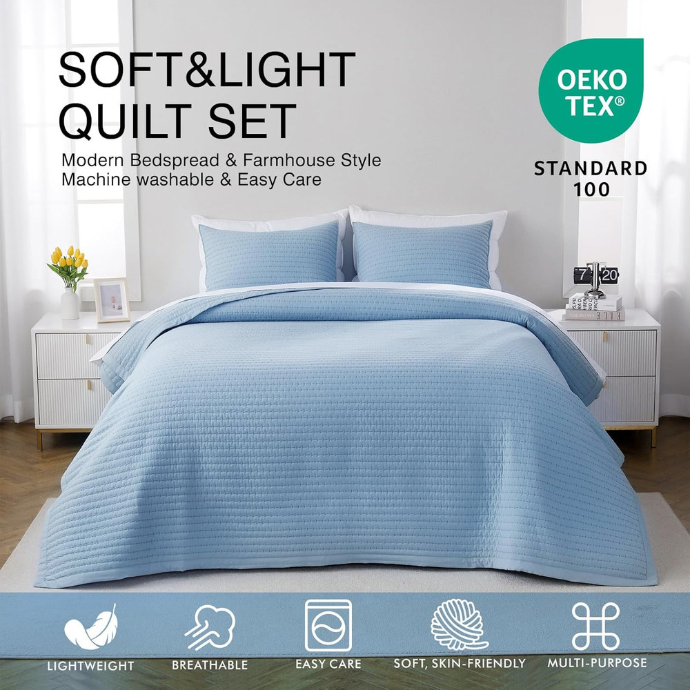 Oversized Queen Quilt Set–102"X106"Soft Washed 3-Layer Lightweight Bedspread wit