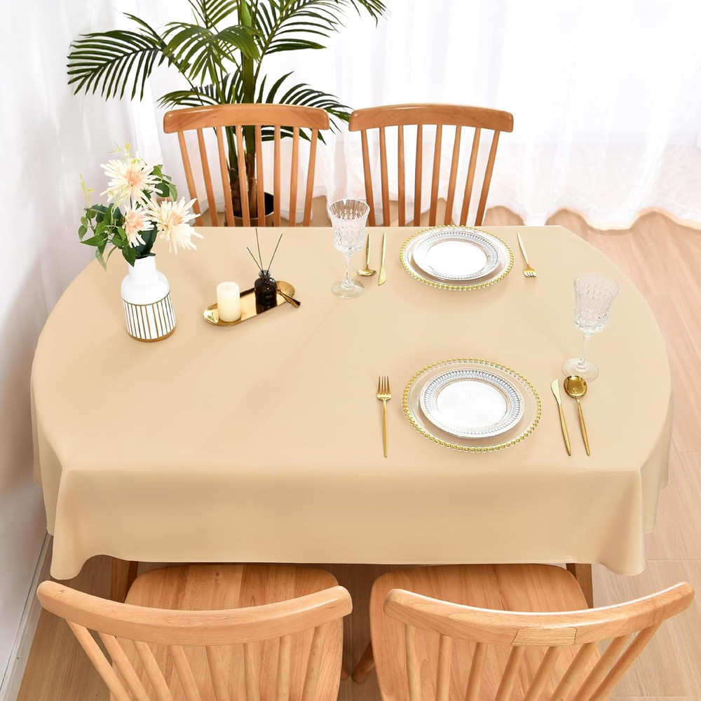 Oval Tablecloth 60 x 84 Inch Washable Fabric Table Cloth Solid Beige Table Cover