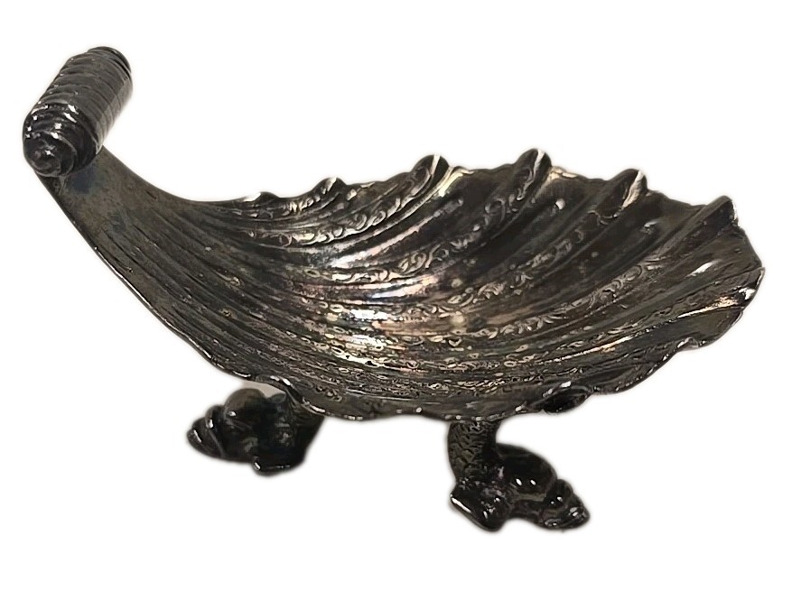 Antique Victorian Scroll Handle Dolphin Footed Silver Shell Dish Salt Dip