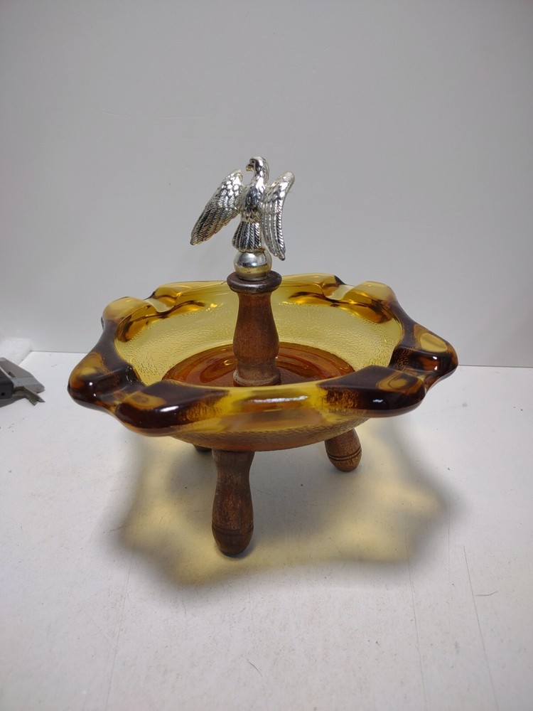 Cigar Ashtray Amber Glass Tabletop Desktop Eagle Flying High
