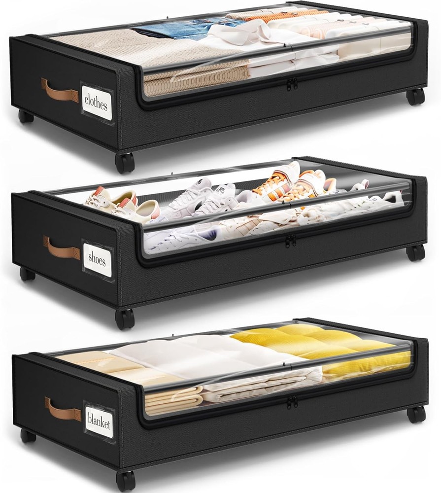 Under Bed Storage W/ Wheels 2Pack Storage Containers W/ Clear Window&Label Under