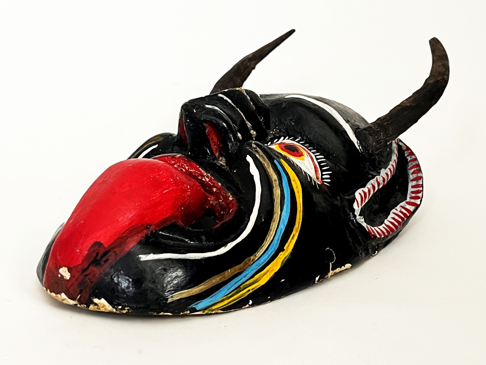 MEXICAN FOLK ART CARVED WOOD BLACK HORNED DIABLO DEVIL DEMON DANCE MASK 14 x 8"