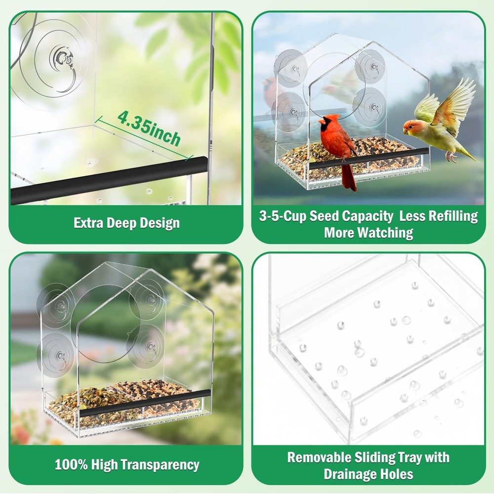 Window Bird Feeder with 4 Extra Strong 2.36'' Suction Cups - 4.4'' Extra Deep...