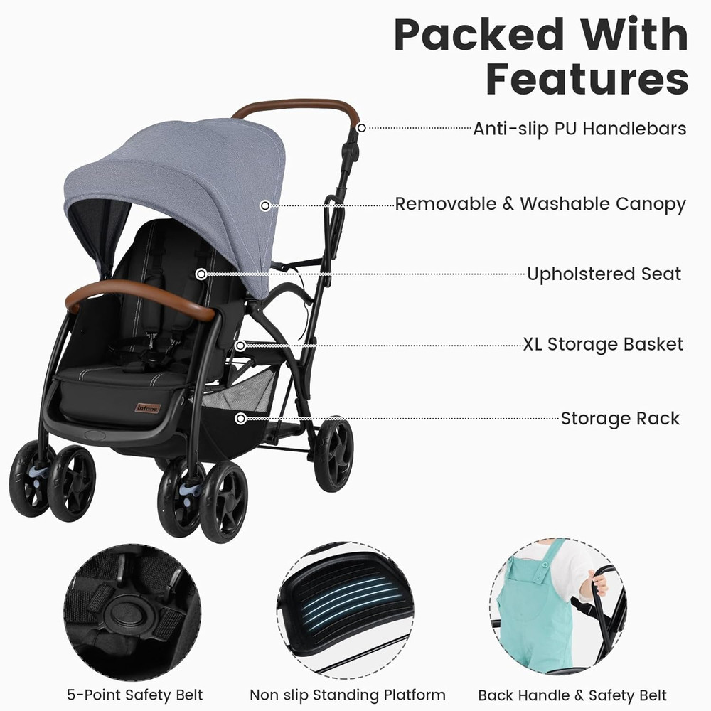 Versatile Sit and Stand Double Stroller with Reclining Backrest & Storage Basket