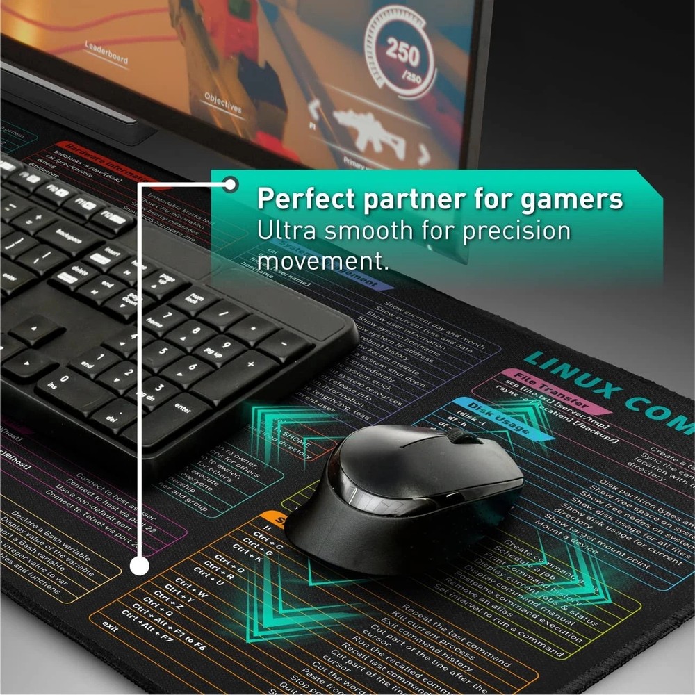 Linux Commands Line Mouse Pad - Extended Large Cheat Sheet Mousepad. Shortcuts t