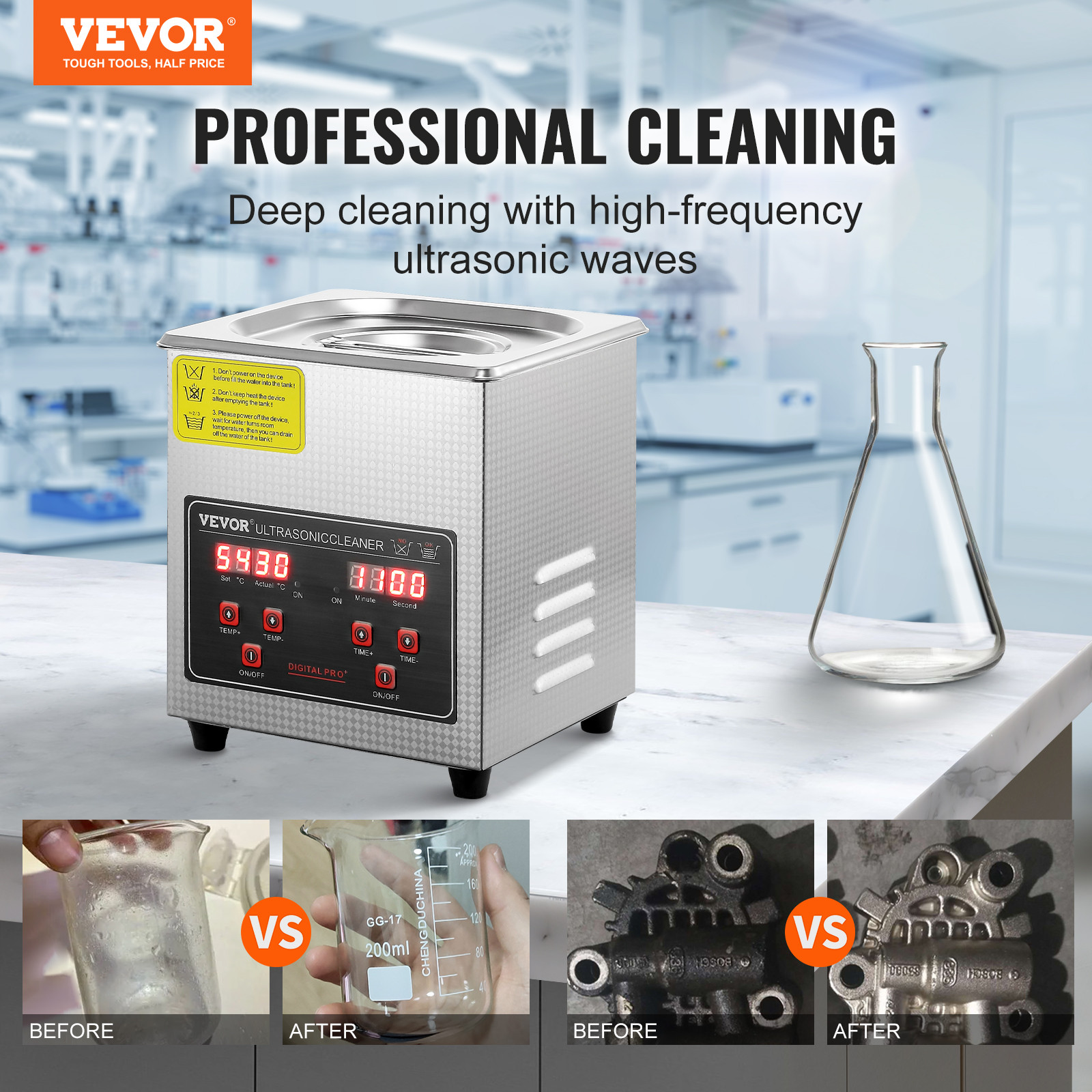 VEVOR 2L Ultrasonic Cleaner with Timer Heating Machine Digital Sonic Cleaner