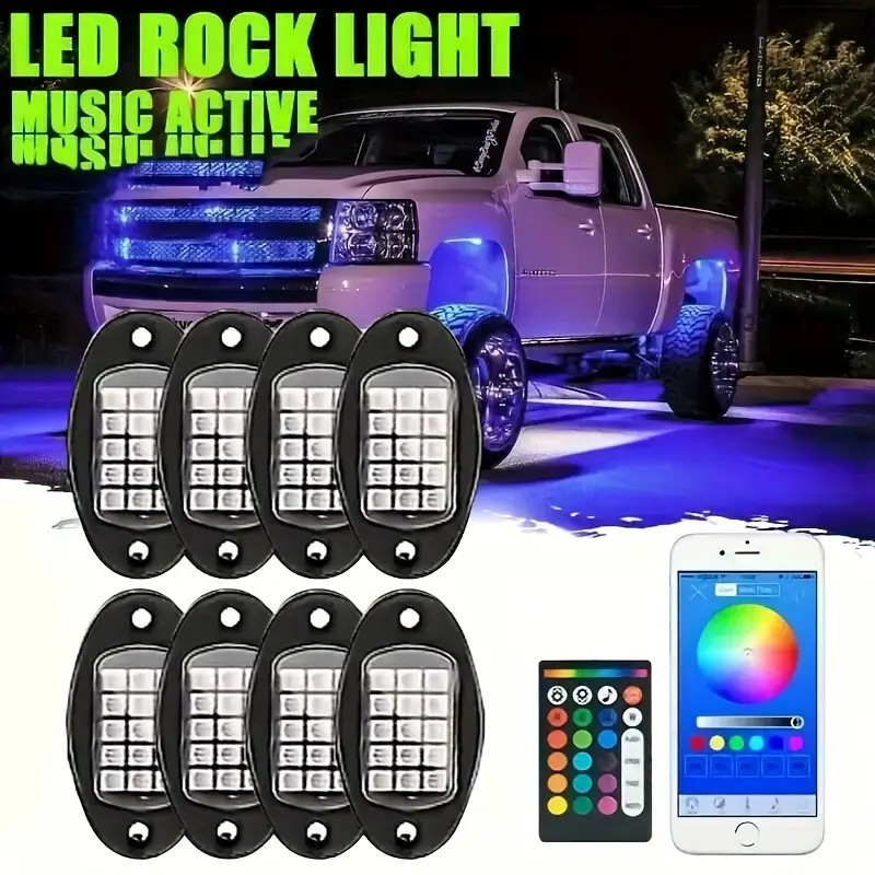 8Pods RGB LED Rock Lights Offroad Music Wireless Bluetooth Underglow Neon Lights