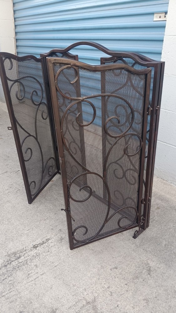 Modern 3 Panel Iron Folding Fireplace Screen with Doors, Black