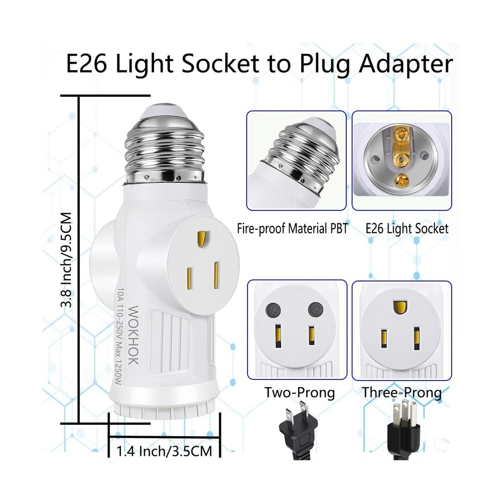 2 Pack E26 Light Socket to Plug Adapter with Bulb Socket White