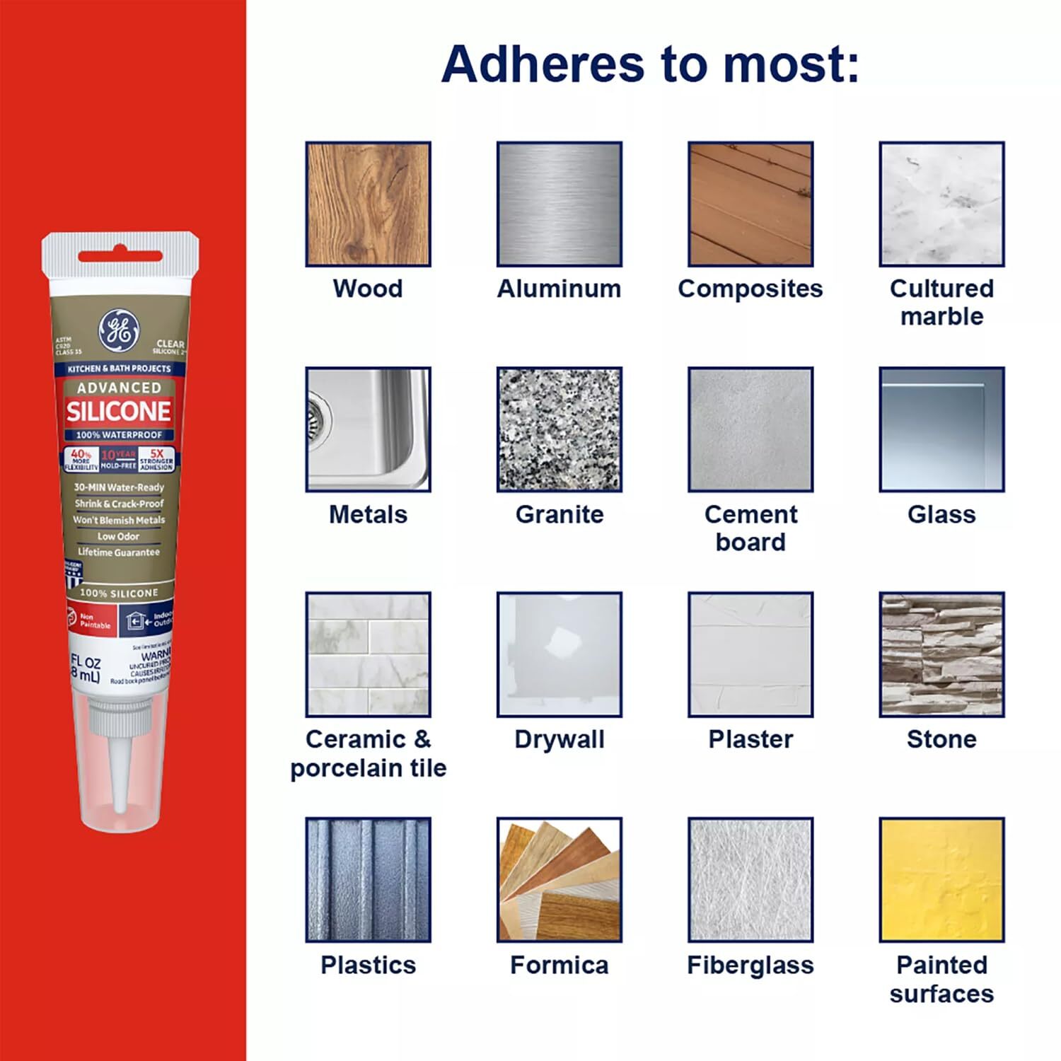 Top GE Silicone Caulk - Kitchen, Bathroom, 100% Waterproof, 5X Stronger Adhesion