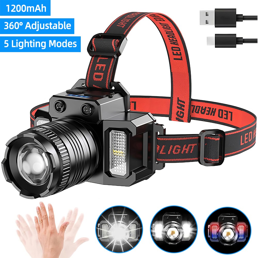 Super Bright Rechargeable Headlight Flashlight 5 Modes Floodlight Waterproof
