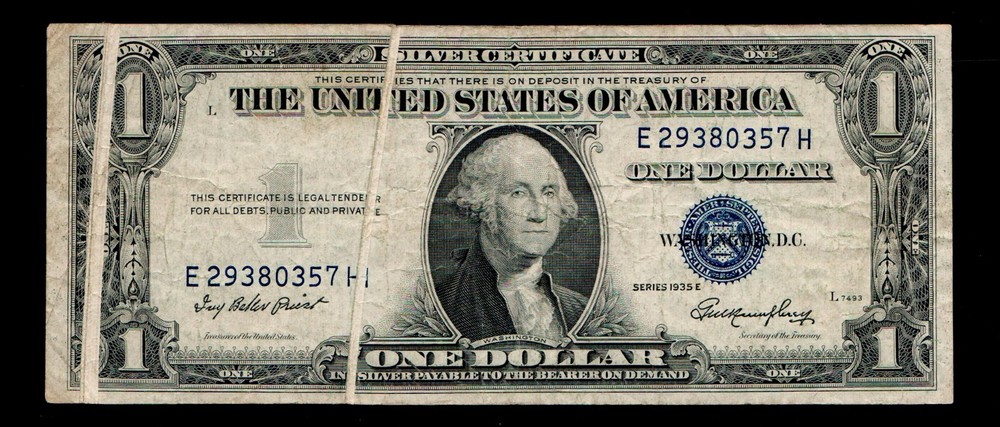 ((Gutter Fold Error)) $1 1935-E Silver Certificate Blue Seal  (B75)