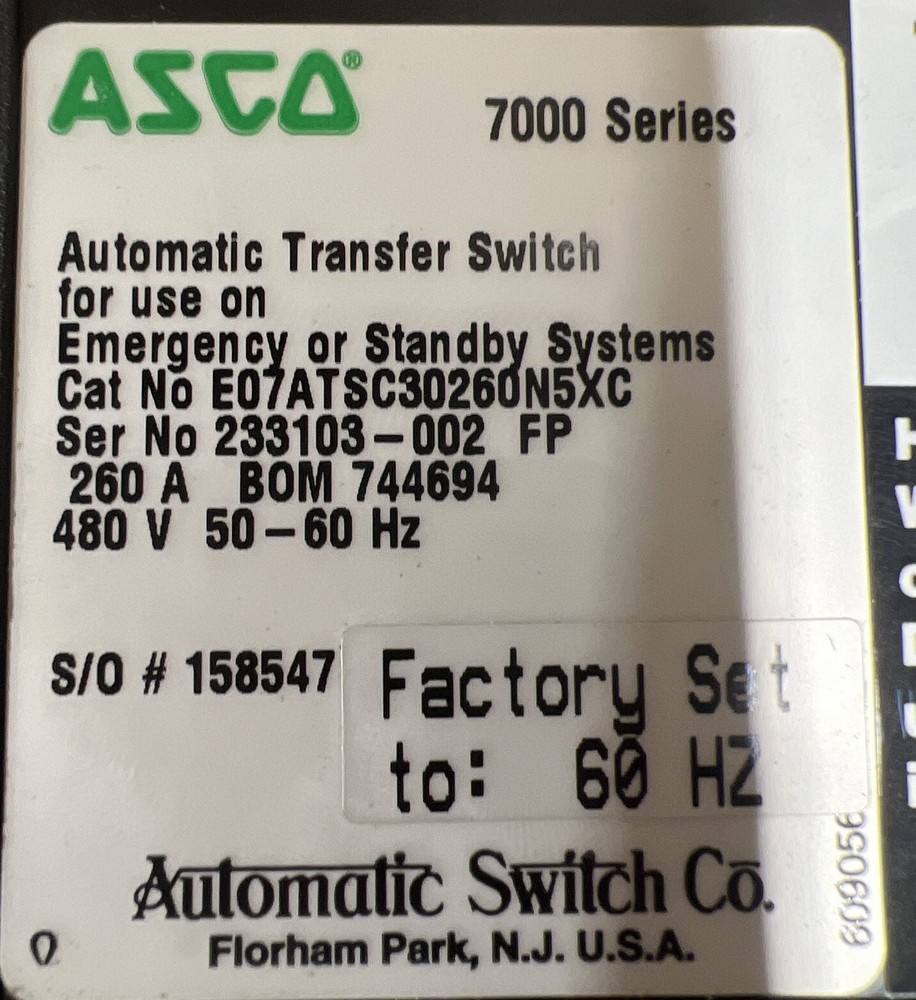 ASCO AUTOMATIC TRANSFER SWITCH Cat No E07ATSC30260N5XC Nos Surplus. Fresh Pull
