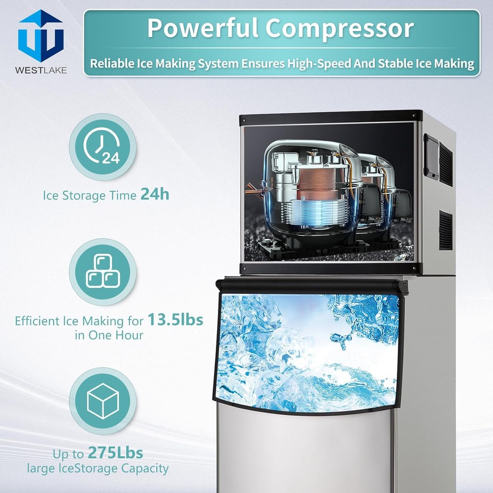 Commercial Ice Maker Machine, 350 lbs Ice Makers with 230lbs Storage, Full Cube