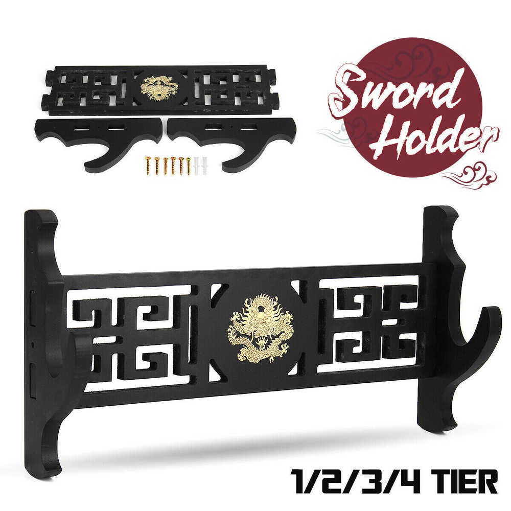 Wall Mount Samurai Sword Katana Holder Stand Sword Rack Dragon Pattern 1~4 Tier