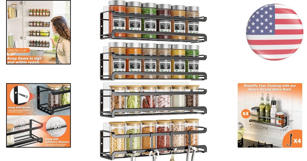Elegant Wall-Mounted Spice Rack 4 Pack - Space-Saving Organizer for Jars