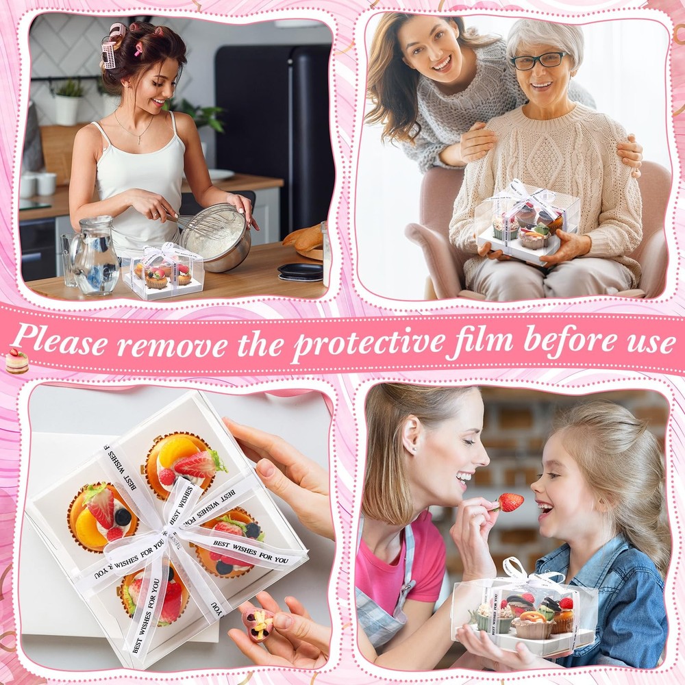 24 Pack Cupcake Boxes Set, 4 Count Cupcake Containers with Ribbon Clear Muffi...
