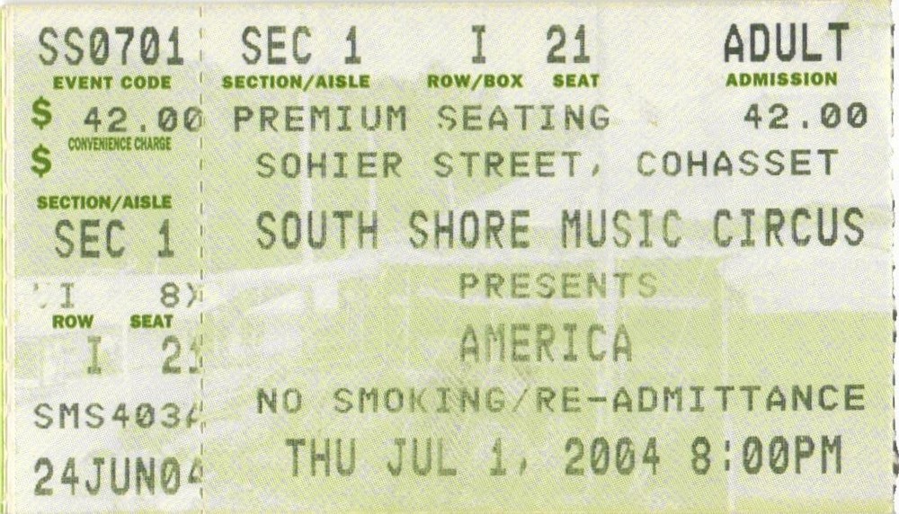 Vintage 2004 America Concert Ticket Stub Cohasset MA