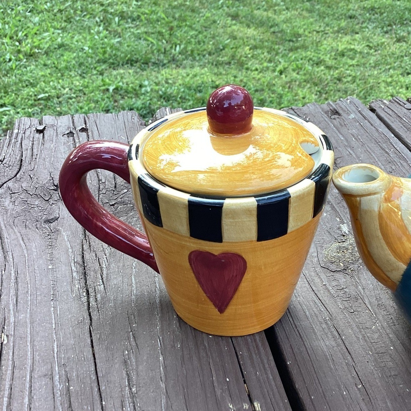 Sakura Hand Painted Ceramic Teapot and Sugar Bowl Set Whimsical Heart Polka Dot