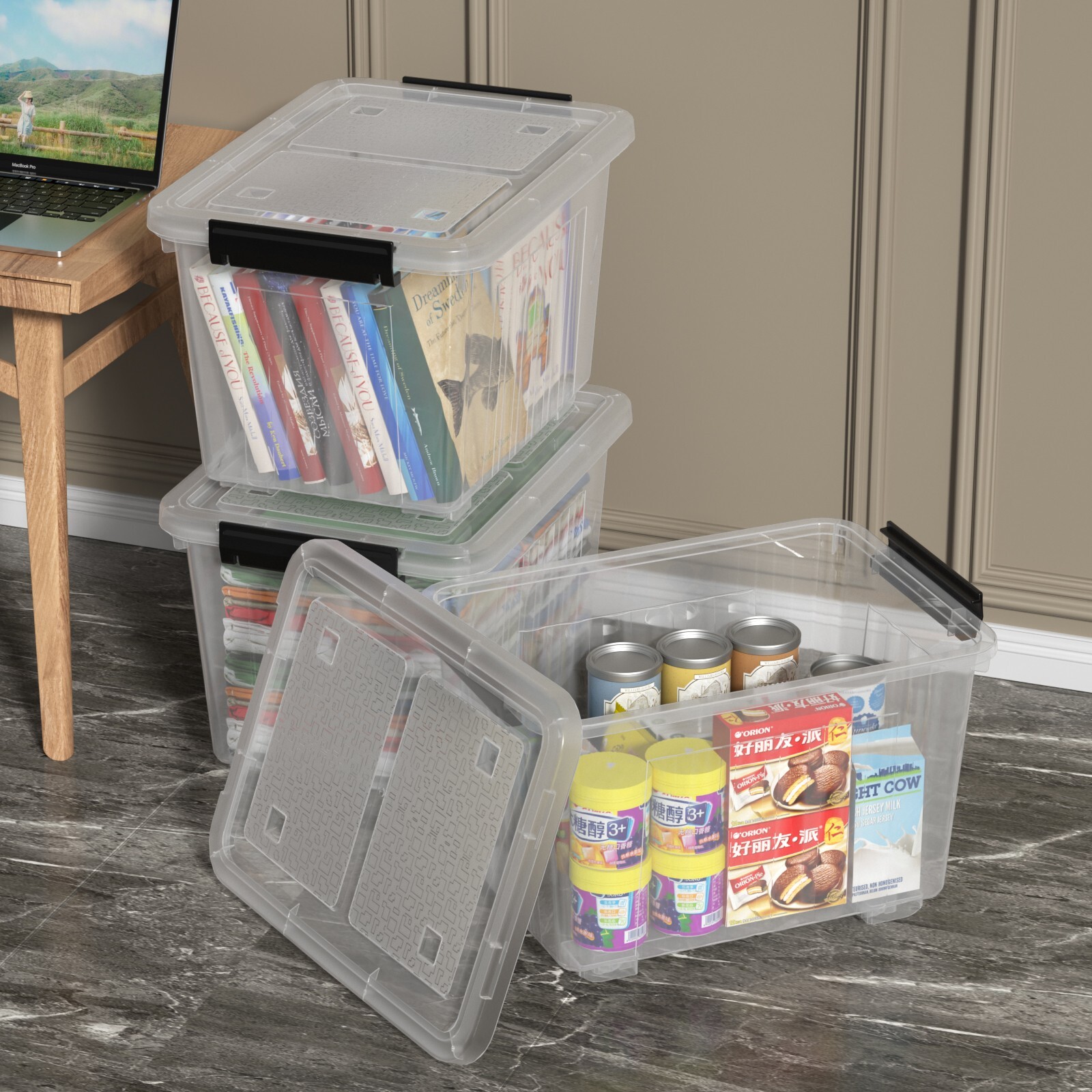 Kekow 30 Quart Gasket Box Stackable Storage Bin with Latching Lid &Wheels 4 Pack