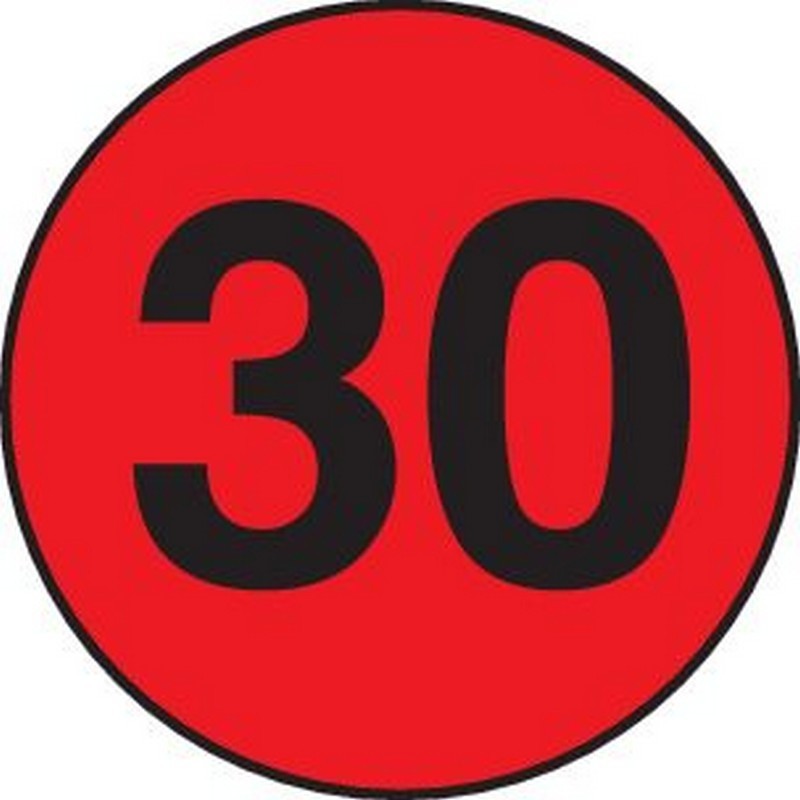 3" Diameter number 30 circle labels (500 per Roll)