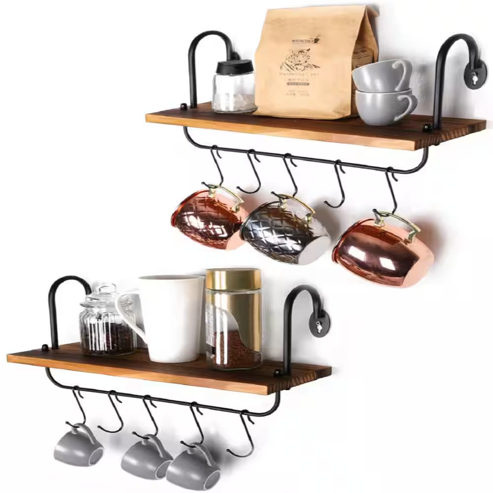 Floating Wall Shelves for Kitchen Bathroom Coffee Nook with 10 Adjustable Hooks