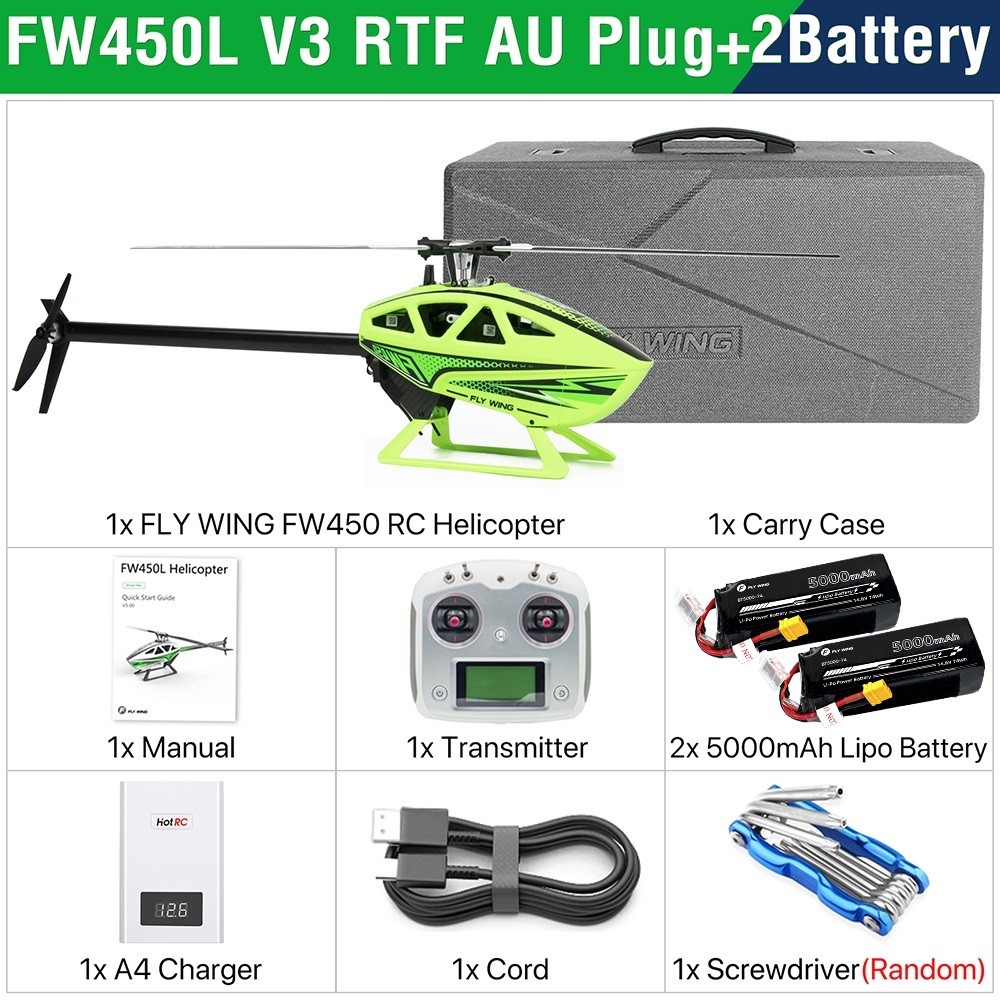 FlyWing FW450L V3 RC Helicopter 10CH GPS ACE Flight Controller 2 Battery Green