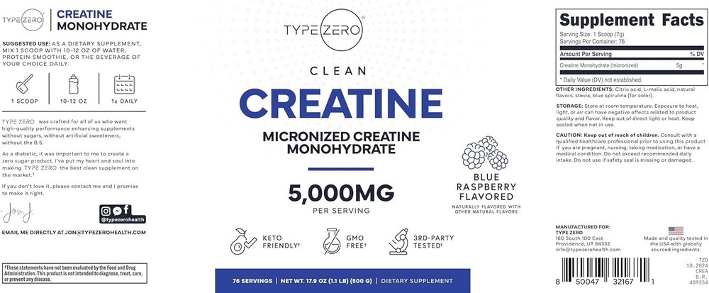 TypeZero Creatine Monohydrate Powder 500 Grams - Blue Raspberry Flavor - 1.1 lbs