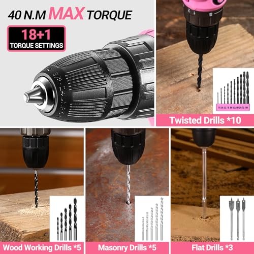 Power Drill Tool Kit Set: 20V Cordless Electric Drill, Driver, Tool Box Pink