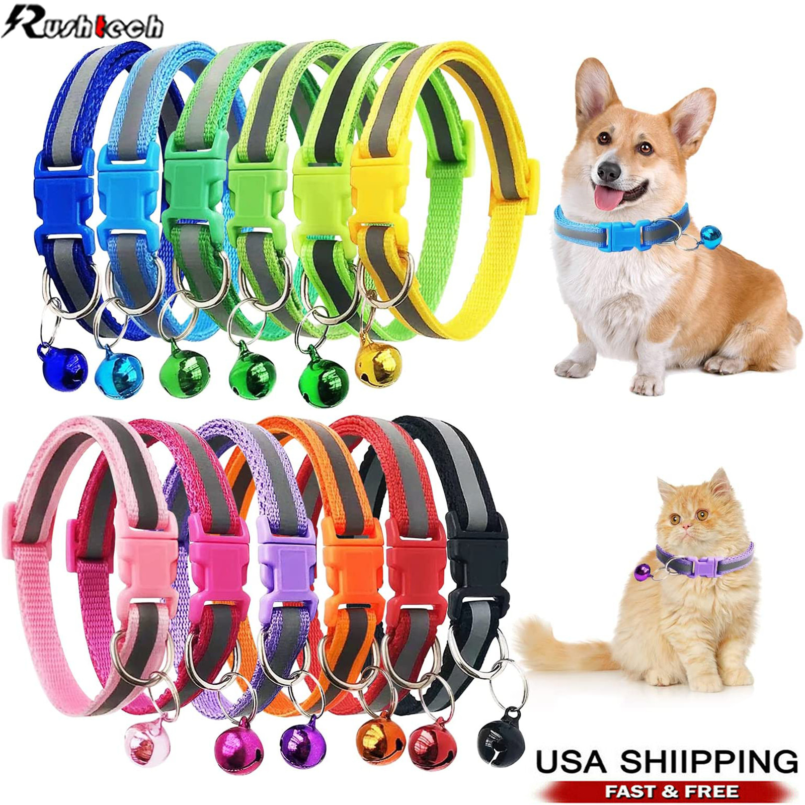 5PCS Reflective Nylon Collar With Bell Cat kitten Small Dog Puppy Pet Adjustable