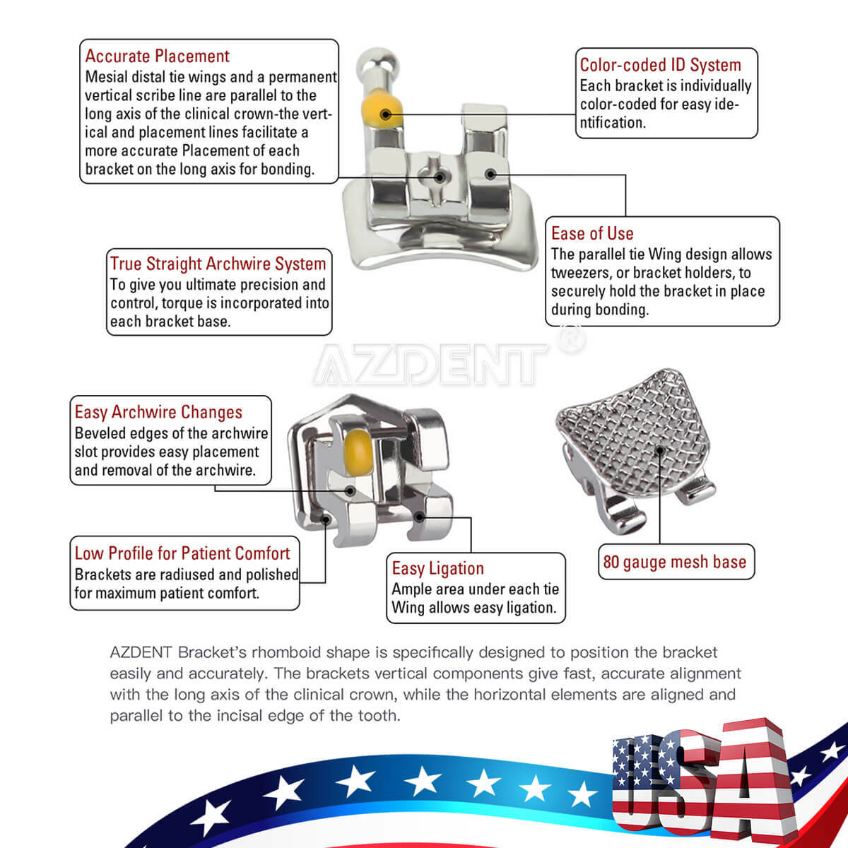 AZDENT Dental Orthodontic Brackets Metal Braces Standard MBT 022 Hooks 3-4-5/3