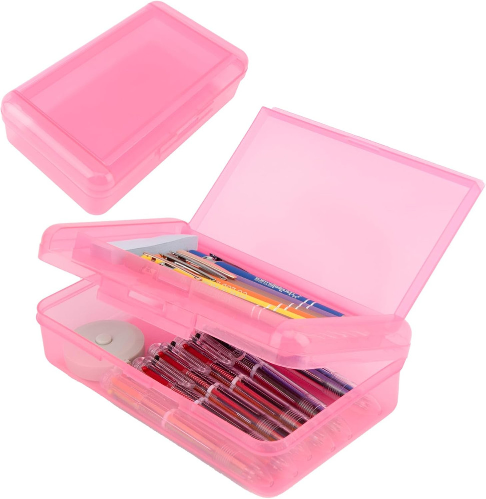 Pencil Case, Double Layer Large Capacity Pink Plastic Pencil Box, Clear Crayon B
