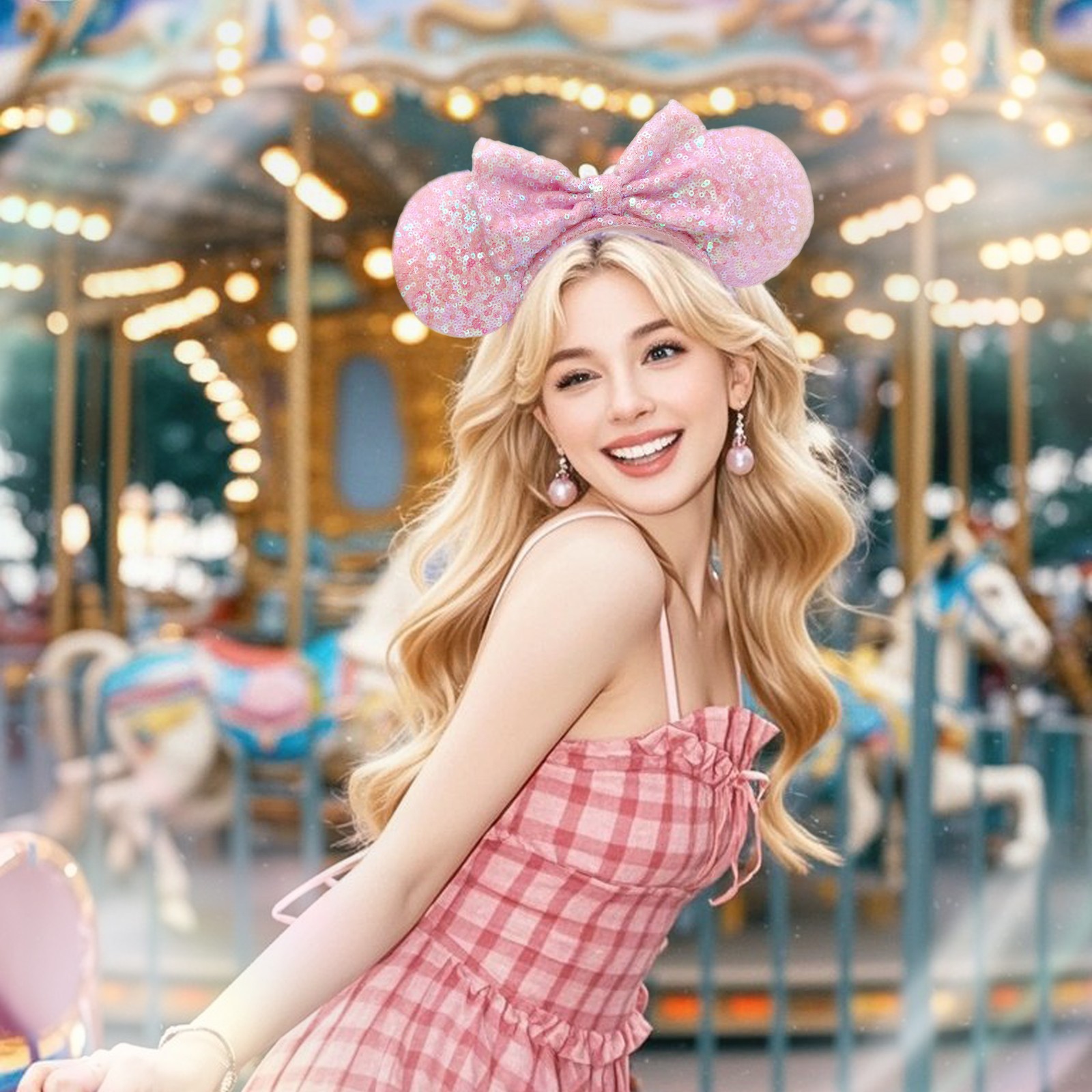 Disney- Parks Pink Sequin Aurora Minnie Mickey Mouse Ear Bow Disneyland Headband